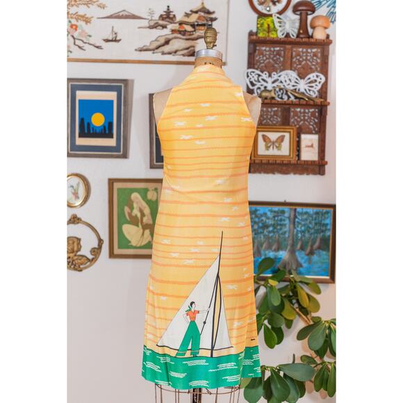 Vintage 60s Sailor Novelty Dress, Yellow Striped Sundress Sailboat Seagulls XS - Picture 6 of 15